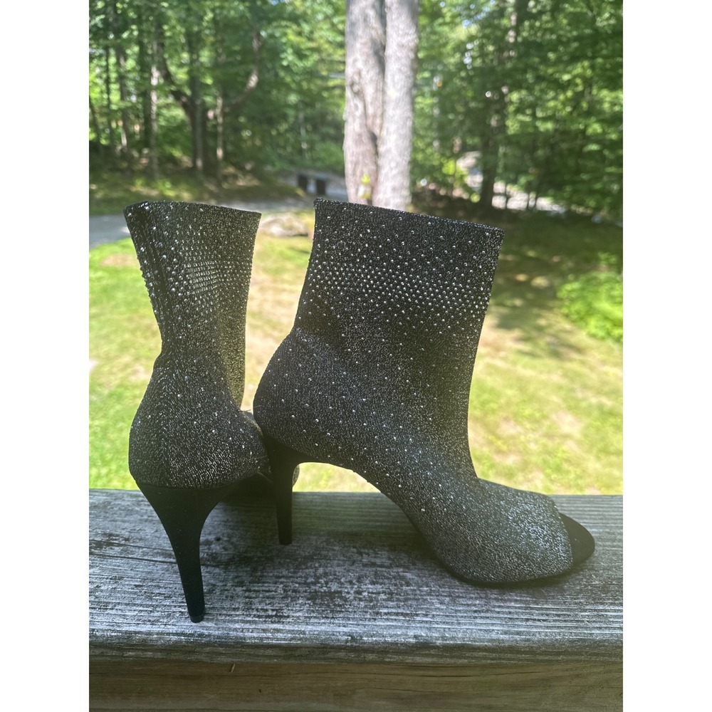 INC International size 10 Silver black Glitter Rhinestone Peep Toe Ankle Boots - Picture 11 of 11